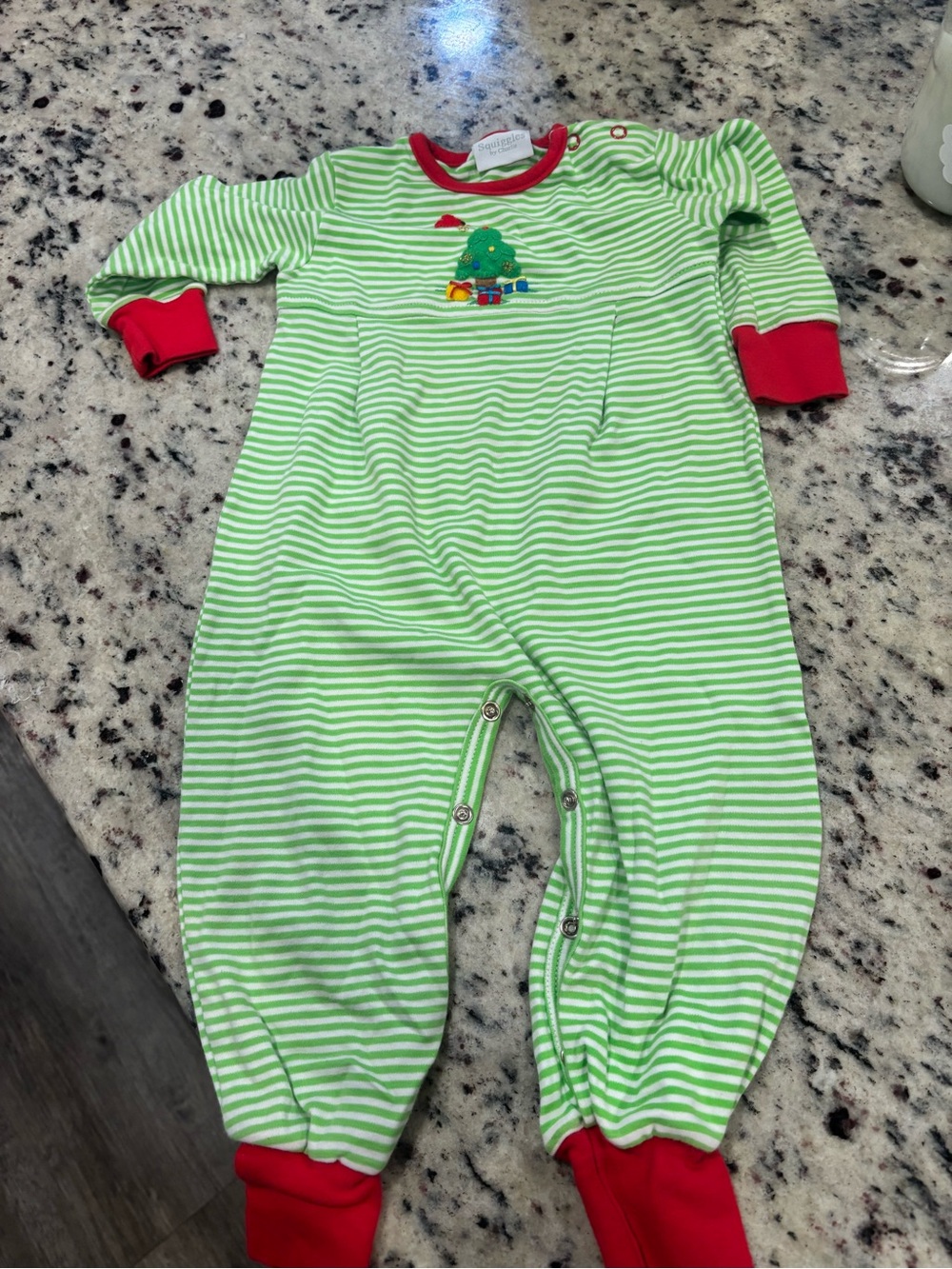 Squiggles by Charlie Festive Green Stripe Baby Footie with Red Trim